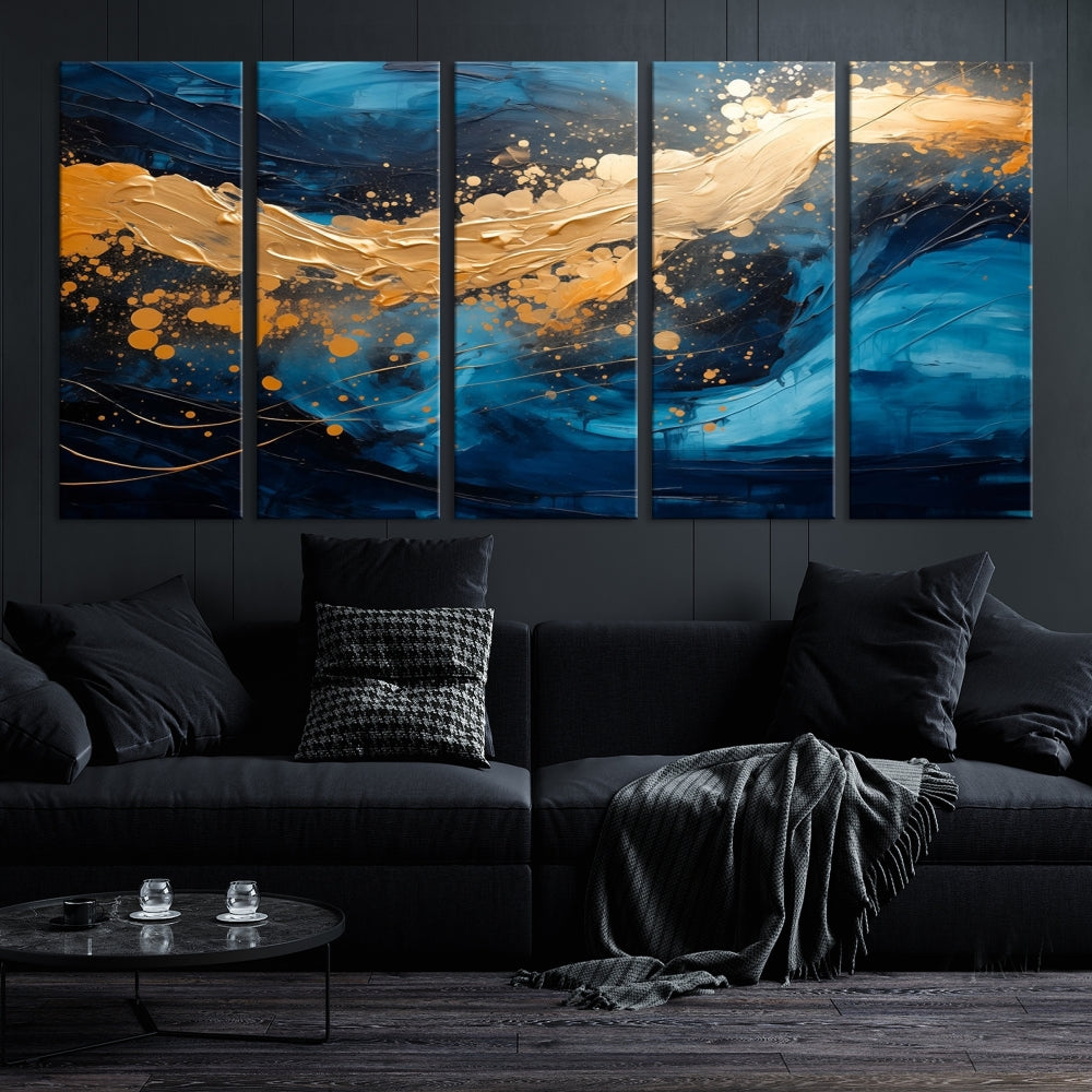 Gold Ocean Blue Wall Art Fluid Abstract Canvas Print New Home Gift Soft Fine Art