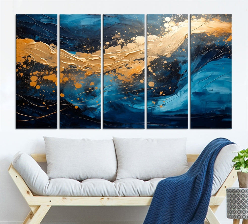 Gold Ocean Blue Wall Art Fluid Abstract Canvas Print New Home Gift Soft Fine Art