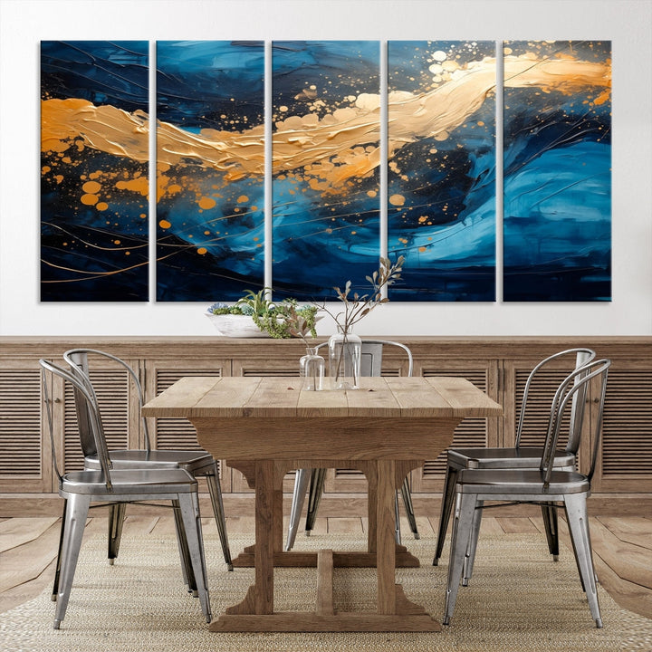 Gold Ocean Blue Wall Art Fluid Abstract Canvas Print New Home Gift Soft Fine Art