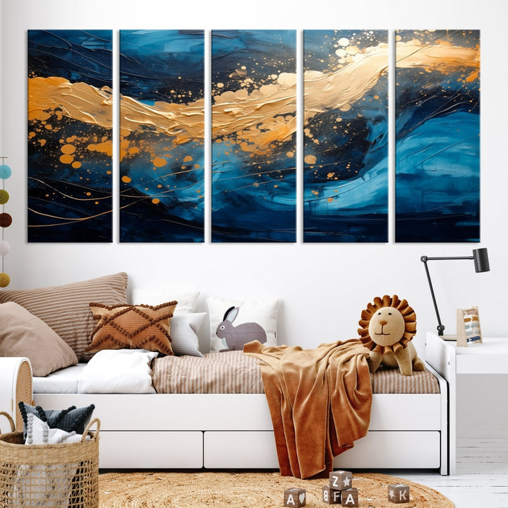 Gold Ocean Blue Wall Art Fluid Abstract Canvas Print New Home Gift Soft Fine Art