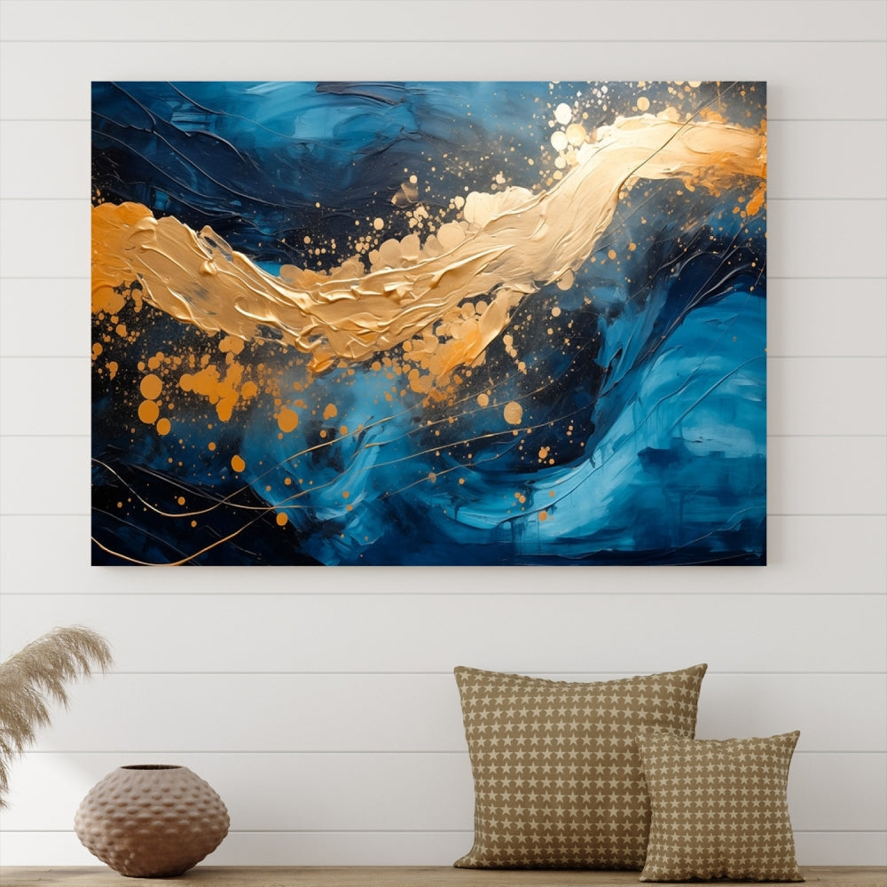 Gold Ocean Blue Wall Art Fluid Abstract Canvas Print New Home Gift Soft Fine Art