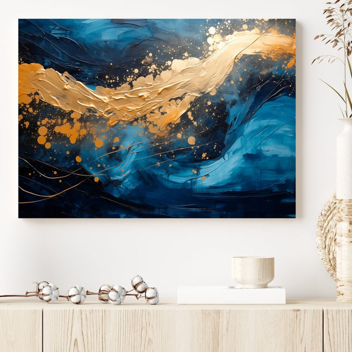 Gold Ocean Blue Wall Art Fluid Abstract Canvas Print New Home Gift Soft Fine Art