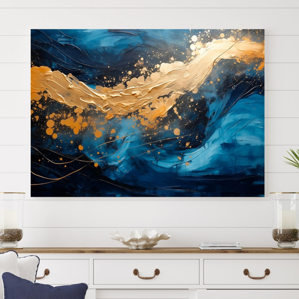 Gold Ocean Blue Wall Art Fluid Abstract Canvas Print New Home Gift Soft Fine Art