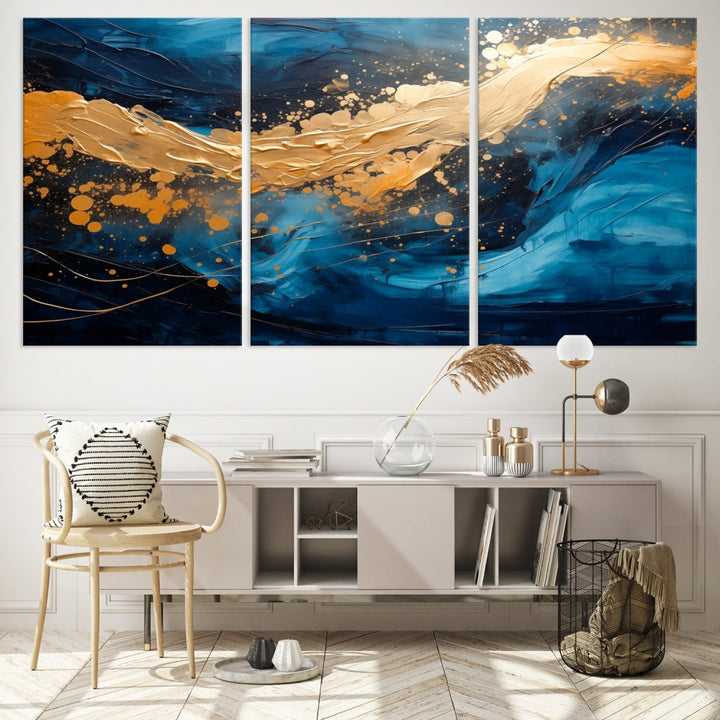 Gold Ocean Blue Wall Art Fluid Abstract Canvas Print New Home Gift Soft Fine Art