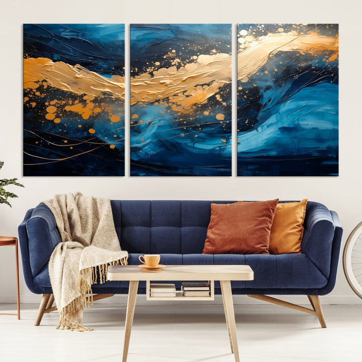 Gold Ocean Blue Wall Art Fluid Abstract Canvas Print New Home Gift Soft Fine Art