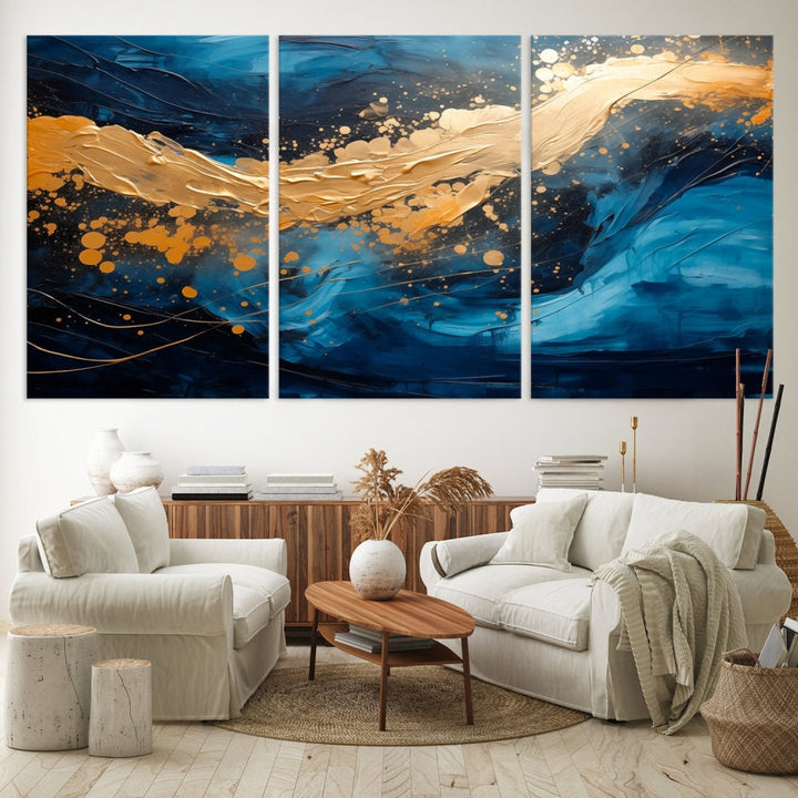 Gold Ocean Blue Wall Art Fluid Abstract Canvas Print New Home Gift Soft Fine Art