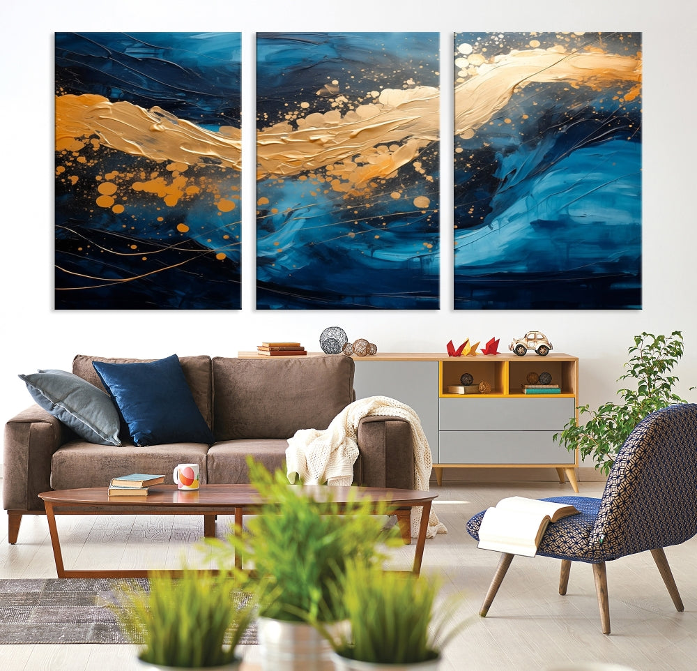 Gold Ocean Blue Wall Art Fluid Abstract Canvas Print New Home Gift Soft Fine Art