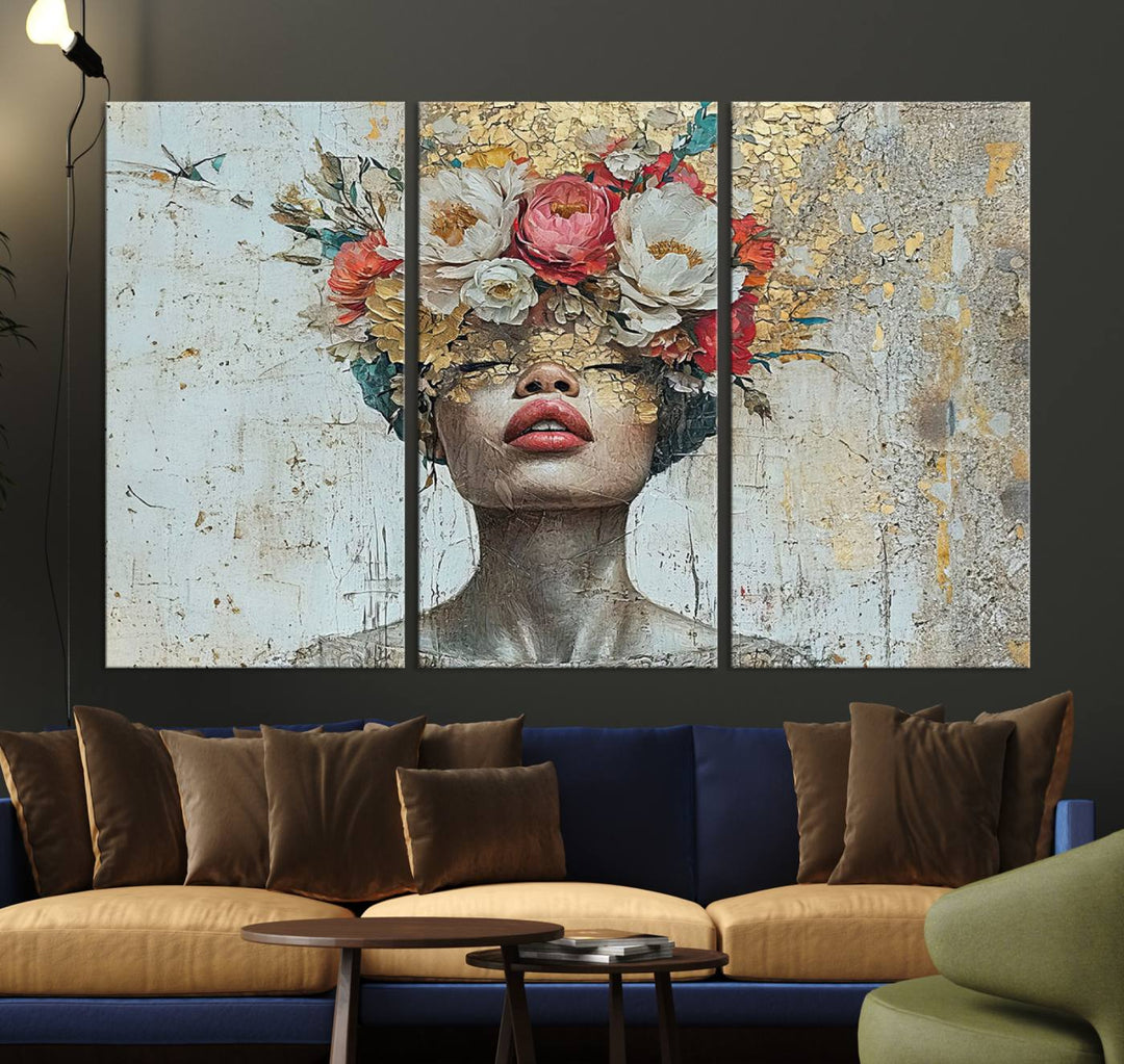 Golden Petal Silhouette Woman Wall Art Canvas Print Flower Head Woman Painting Floral Woman Portrait Wall Decor, Abstract Portrait Painting