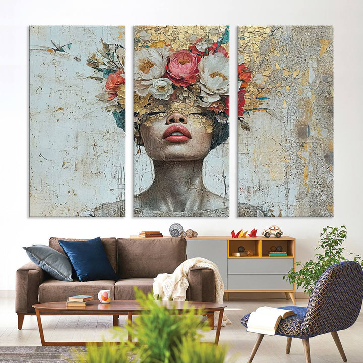 Golden Petal Silhouette Woman Wall Art Canvas Print Flower Head Woman Painting Floral Woman Portrait Wall Decor, Abstract Portrait Painting