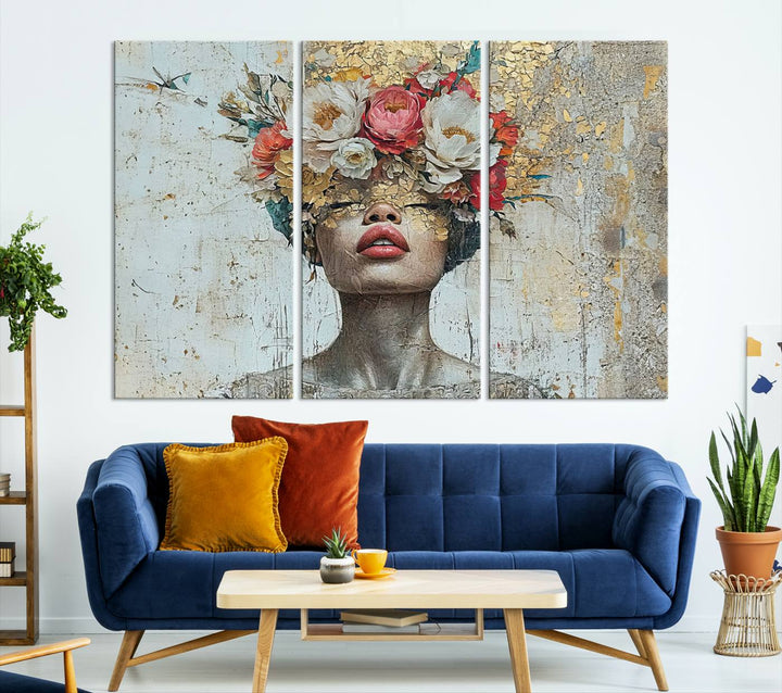 Golden Petal Silhouette Woman Wall Art Canvas Print Flower Head Woman Painting Floral Woman Portrait Wall Decor, Abstract Portrait Painting