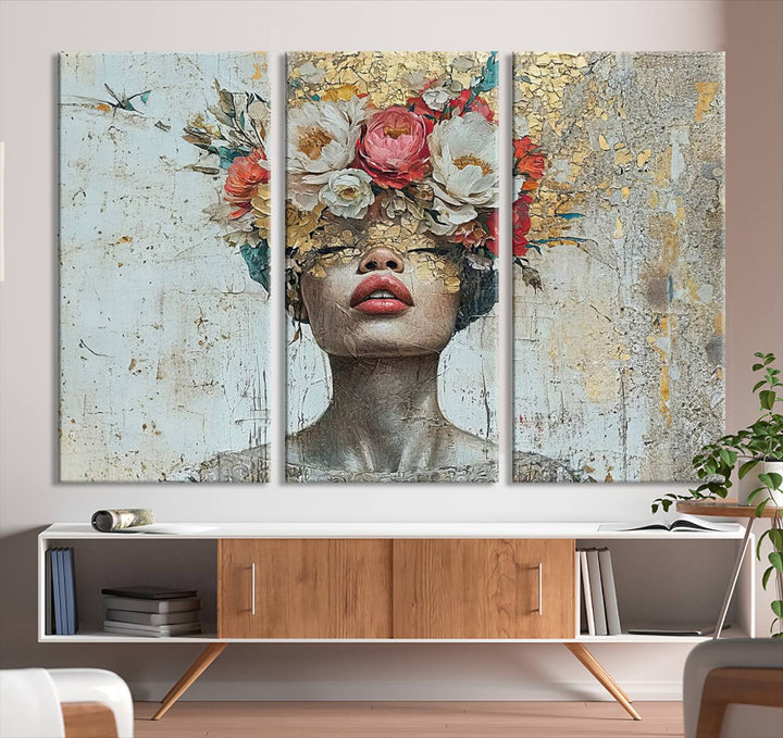 Golden Petal Silhouette Woman Wall Art Canvas Print Flower Head Woman Painting Floral Woman Portrait Wall Decor, Abstract Portrait Painting