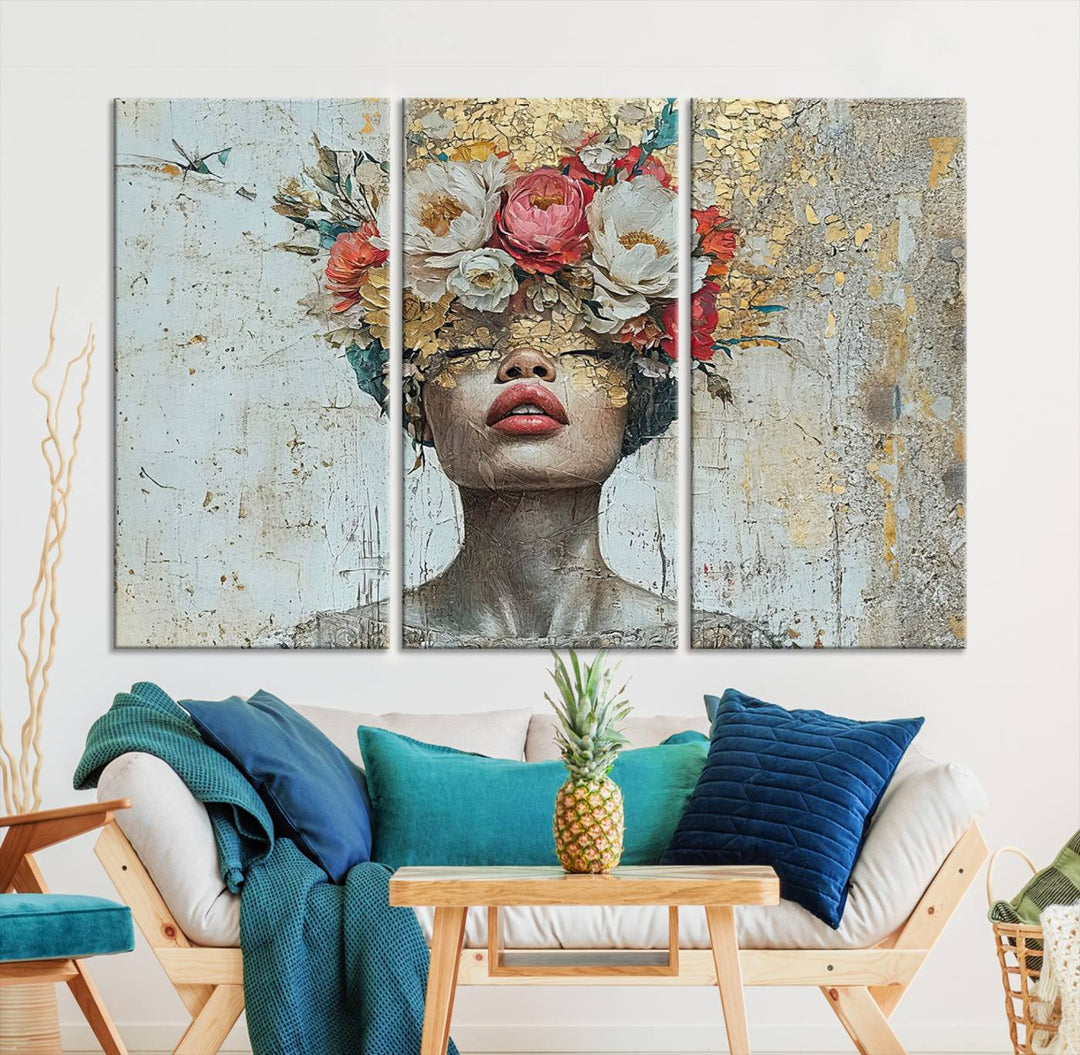 Golden Petal Silhouette Woman Wall Art Canvas Print Flower Head Woman Painting Floral Woman Portrait Wall Decor, Abstract Portrait Painting