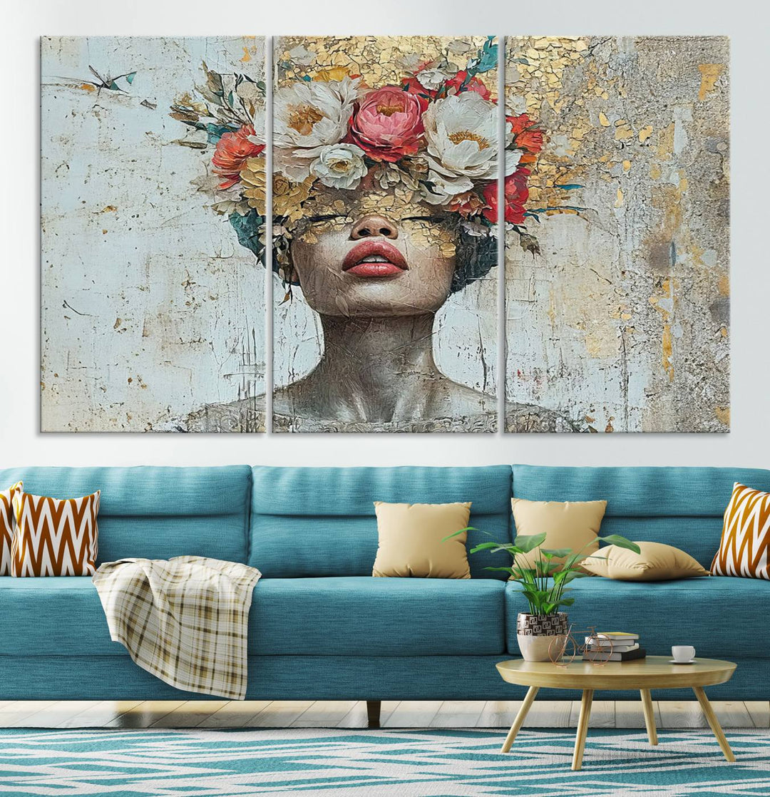 Golden Petal Silhouette Woman Wall Art Canvas Print Flower Head Woman Painting Floral Woman Portrait Wall Decor, Abstract Portrait Painting