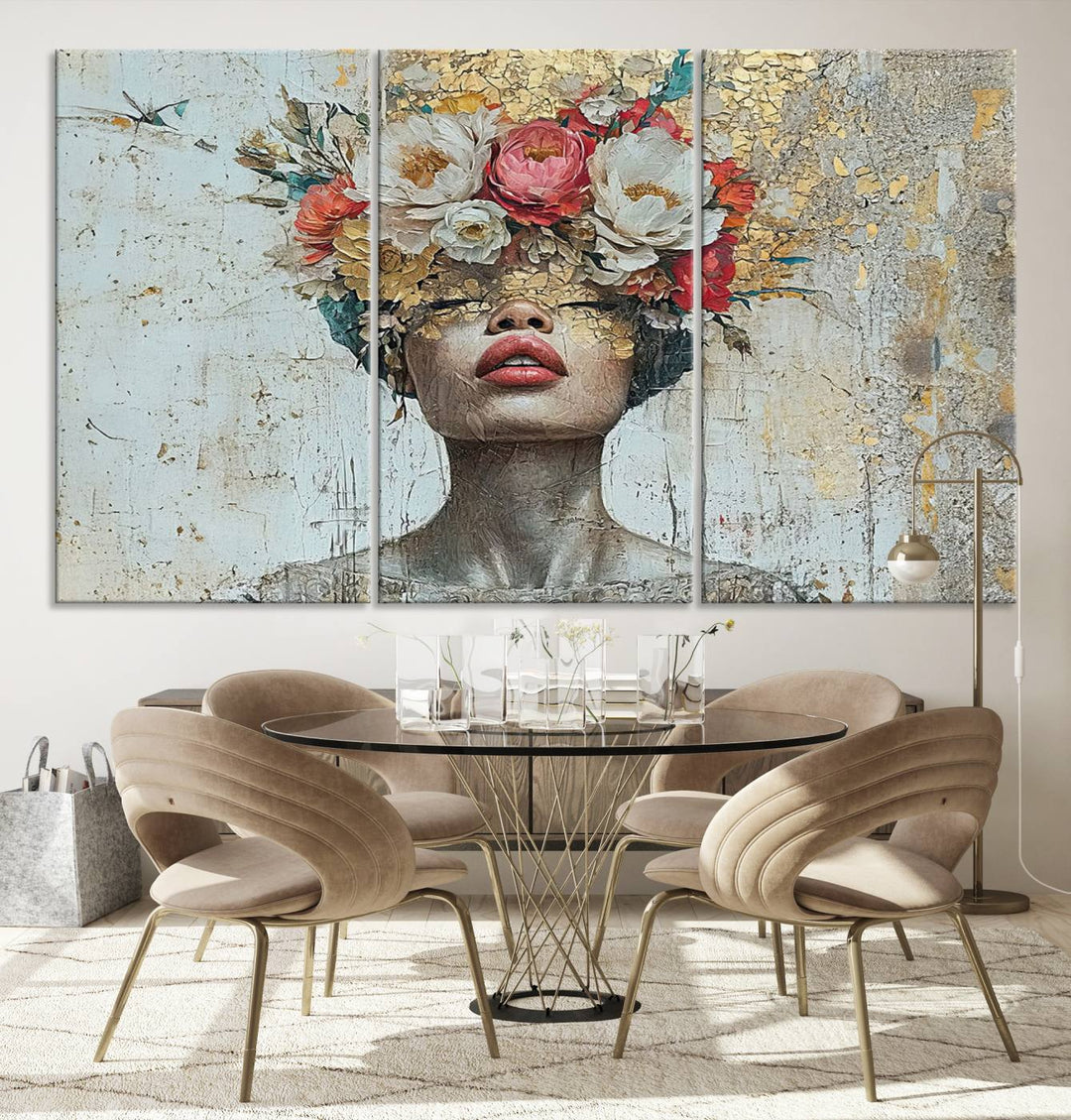 Golden Petal Silhouette Woman Wall Art Canvas Print Flower Head Woman Painting Floral Woman Portrait Wall Decor, Abstract Portrait Painting