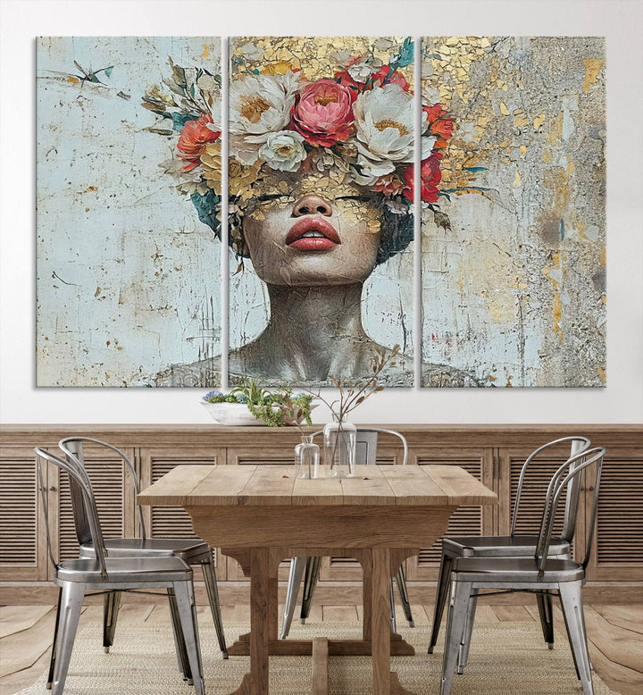 Golden Petal Silhouette Woman Wall Art Canvas Print Flower Head Woman Painting Floral Woman Portrait Wall Decor, Abstract Portrait Painting