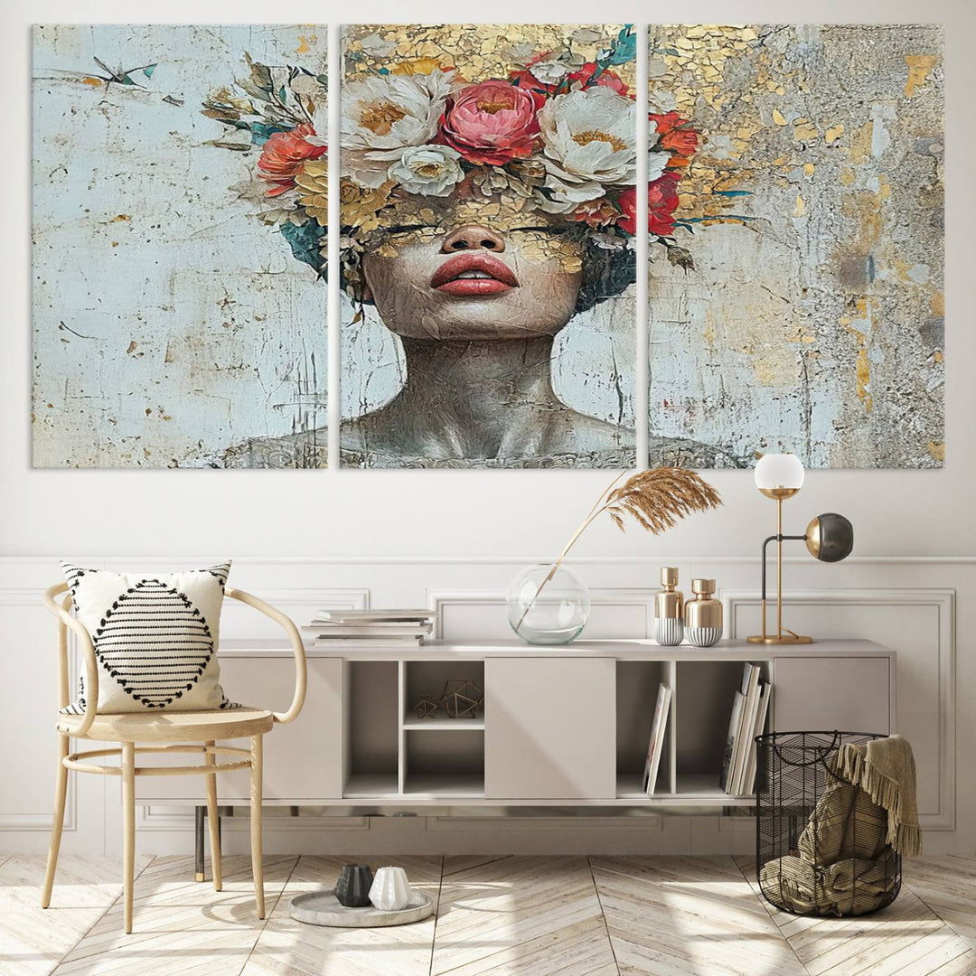 Golden Petal Silhouette Woman Wall Art Canvas Print Flower Head Woman Painting Floral Woman Portrait Wall Decor, Abstract Portrait Painting