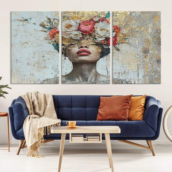 Golden Petal Silhouette Woman Wall Art Canvas Print Flower Head Woman Painting Floral Woman Portrait Wall Decor, Abstract Portrait Painting