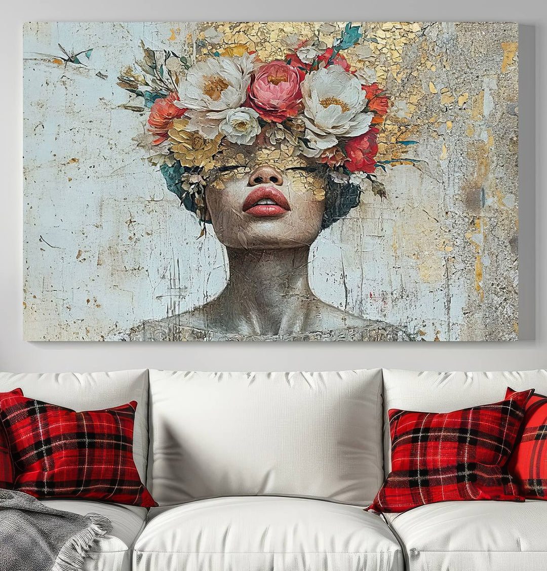 Golden Petal Silhouette Woman Wall Art Canvas Print Flower Head Woman Painting Floral Woman Portrait Wall Decor, Abstract Portrait Painting