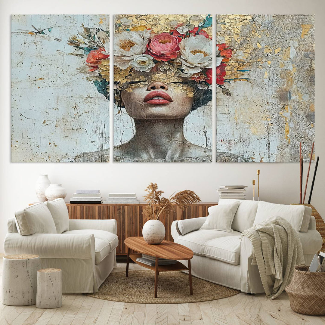 Golden Petal Silhouette Woman Wall Art Canvas Print Flower Head Woman Painting Floral Woman Portrait Wall Decor, Abstract Portrait Painting