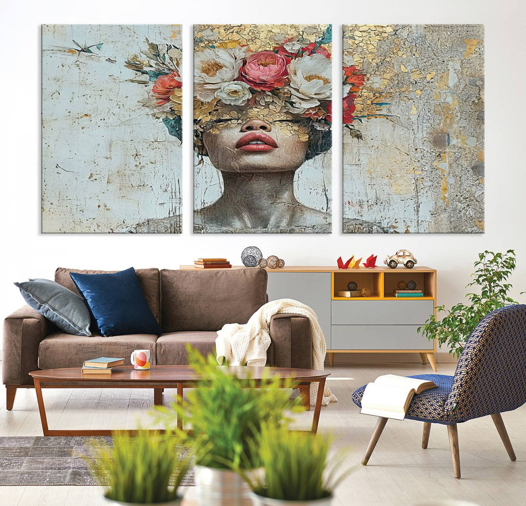 Golden Petal Silhouette Woman Wall Art Canvas Print Flower Head Woman Painting Floral Woman Portrait Wall Decor, Abstract Portrait Painting