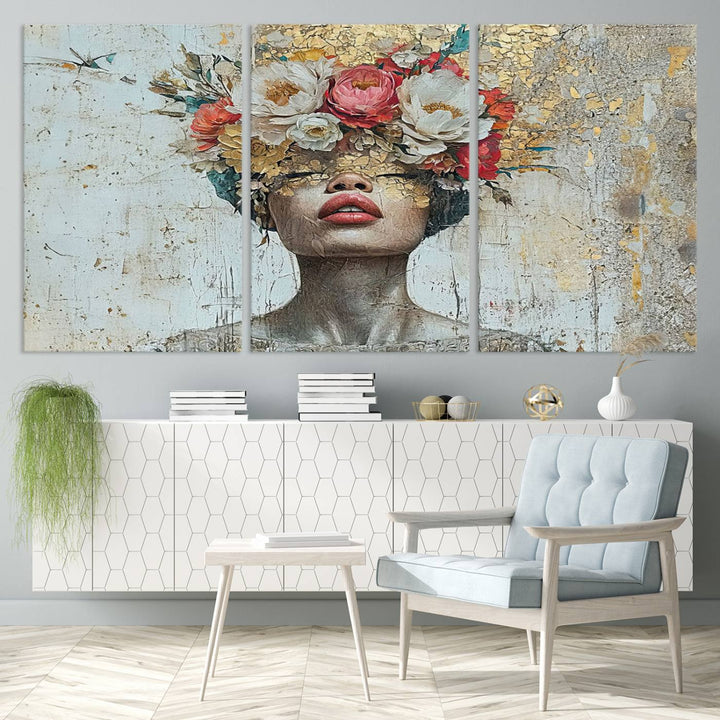 Golden Petal Silhouette Woman Wall Art Canvas Print Flower Head Woman Painting Floral Woman Portrait Wall Decor, Abstract Portrait Painting