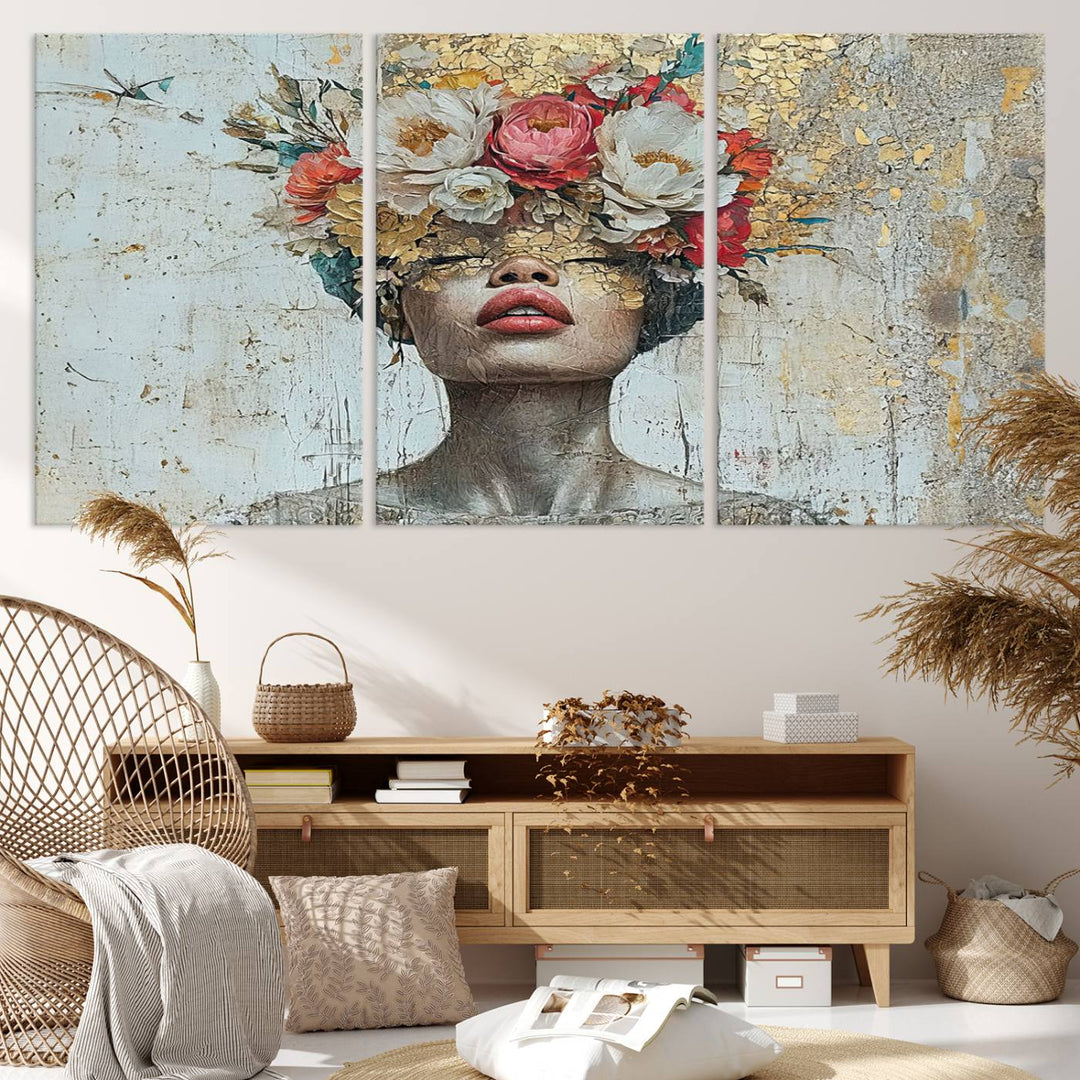 Golden Petal Silhouette Woman Wall Art Canvas Print Flower Head Woman Painting Floral Woman Portrait Wall Decor, Abstract Portrait Painting