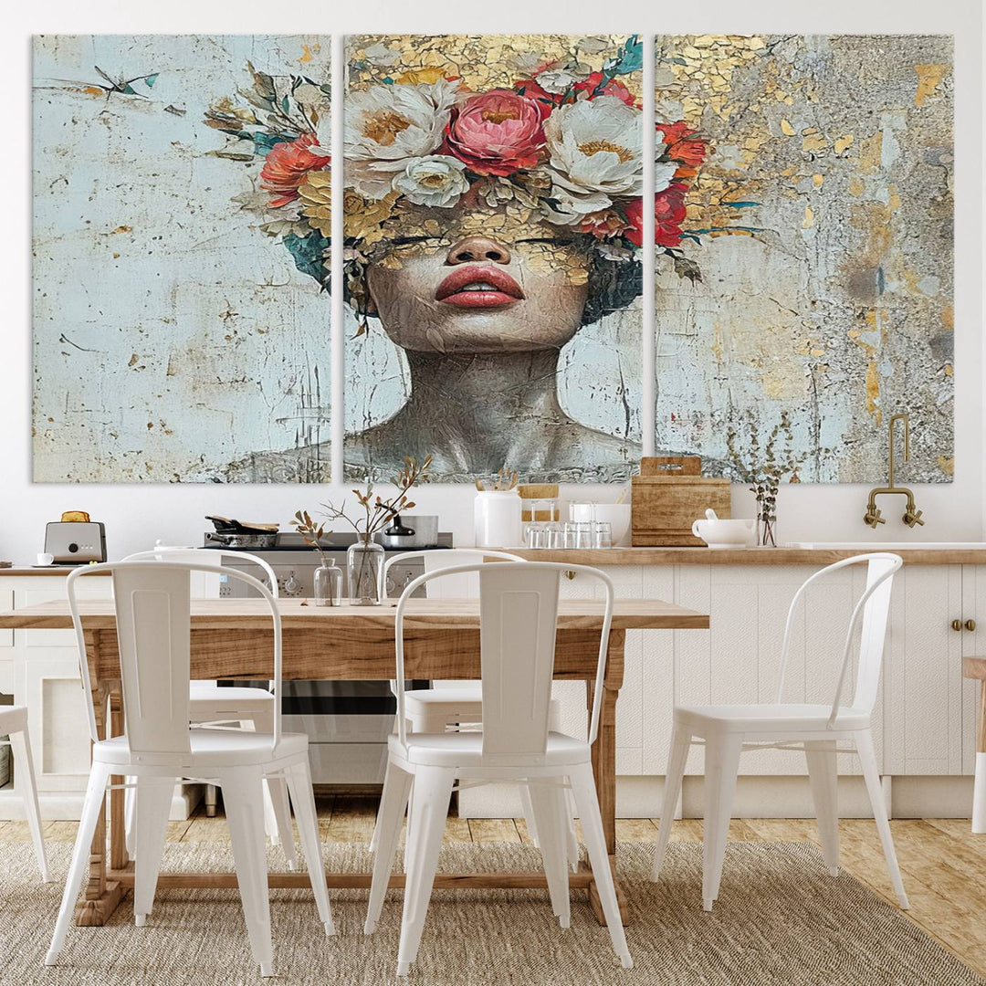 Golden Petal Silhouette Woman Wall Art Canvas Print Flower Head Woman Painting Floral Woman Portrait Wall Decor, Abstract Portrait Painting