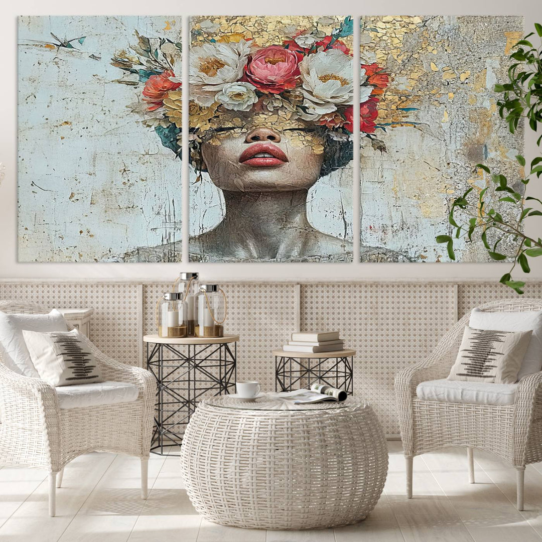 Golden Petal Silhouette Woman Wall Art Canvas Print Flower Head Woman Painting Floral Woman Portrait Wall Decor, Abstract Portrait Painting