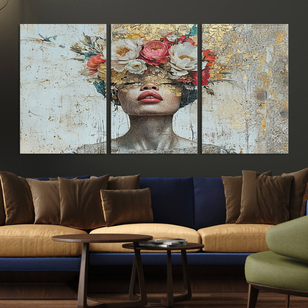 Golden Petal Silhouette Woman Wall Art Canvas Print Flower Head Woman Painting Floral Woman Portrait Wall Decor, Abstract Portrait Painting