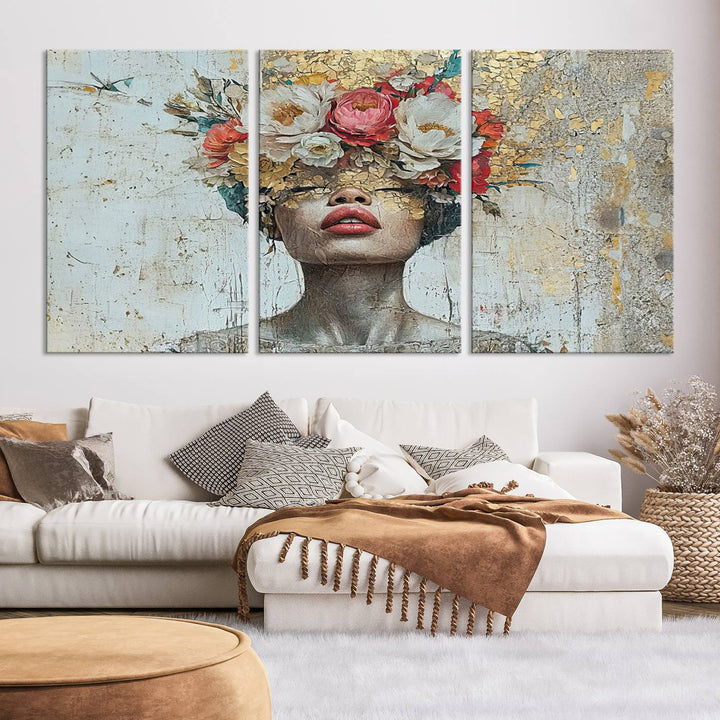 Golden Petal Silhouette Woman Wall Art Canvas Print Flower Head Woman Painting Floral Woman Portrait Wall Decor, Abstract Portrait Painting