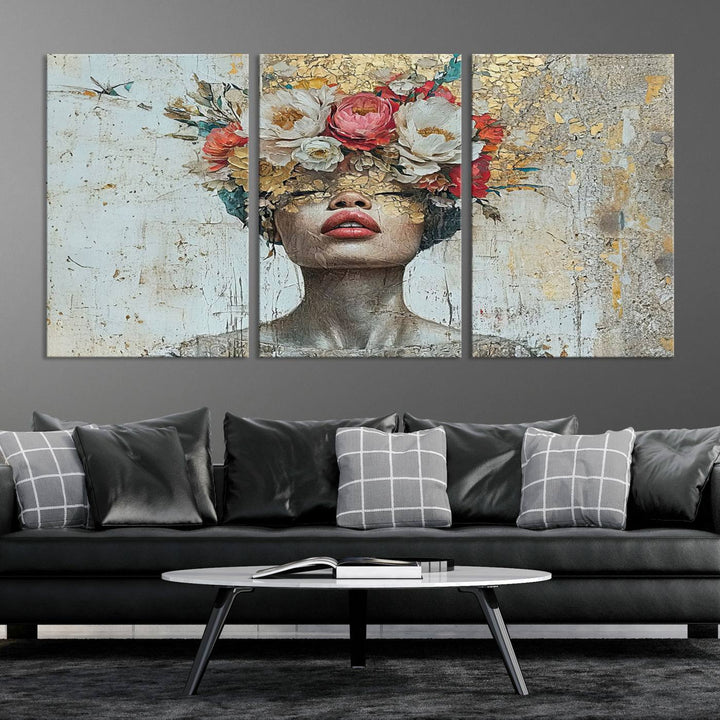 Golden Petal Silhouette Woman Wall Art Canvas Print Flower Head Woman Painting Floral Woman Portrait Wall Decor, Abstract Portrait Painting