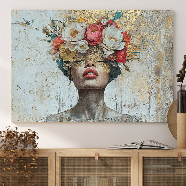 Golden Petal Silhouette Woman Wall Art Canvas Print Flower Head Woman Painting Floral Woman Portrait Wall Decor, Abstract Portrait Painting