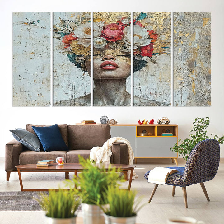 Golden Petal Silhouette Woman Wall Art Canvas Print Flower Head Woman Painting Floral Woman Portrait Wall Decor, Abstract Portrait Painting