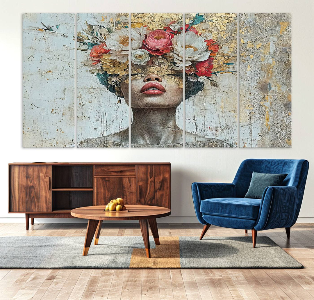 Golden Petal Silhouette Woman Wall Art Canvas Print Flower Head Woman Painting Floral Woman Portrait Wall Decor, Abstract Portrait Painting