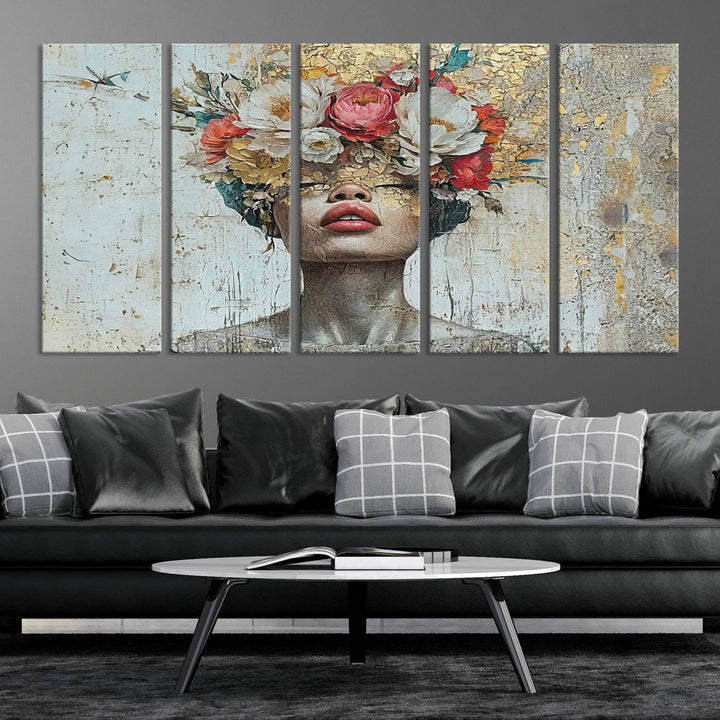 Golden Petal Silhouette Woman Wall Art Canvas Print Flower Head Woman Painting Floral Woman Portrait Wall Decor, Abstract Portrait Painting