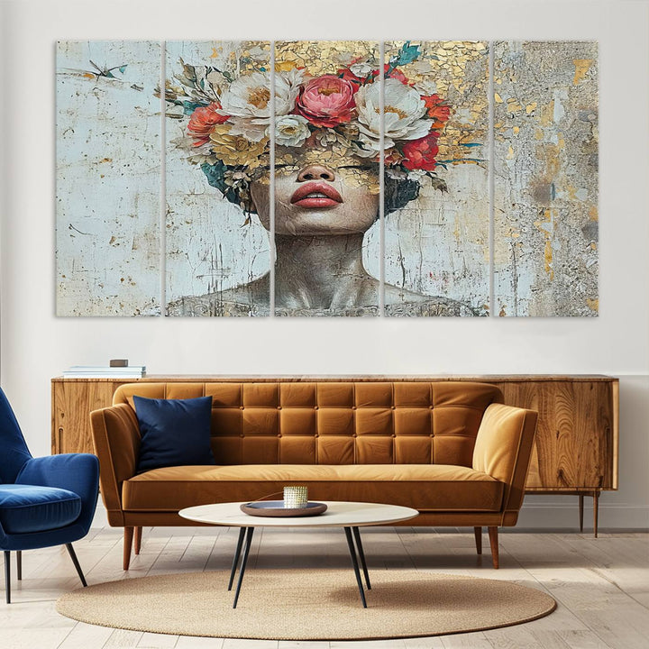 Golden Petal Silhouette Woman Wall Art Canvas Print Flower Head Woman Painting Floral Woman Portrait Wall Decor, Abstract Portrait Painting