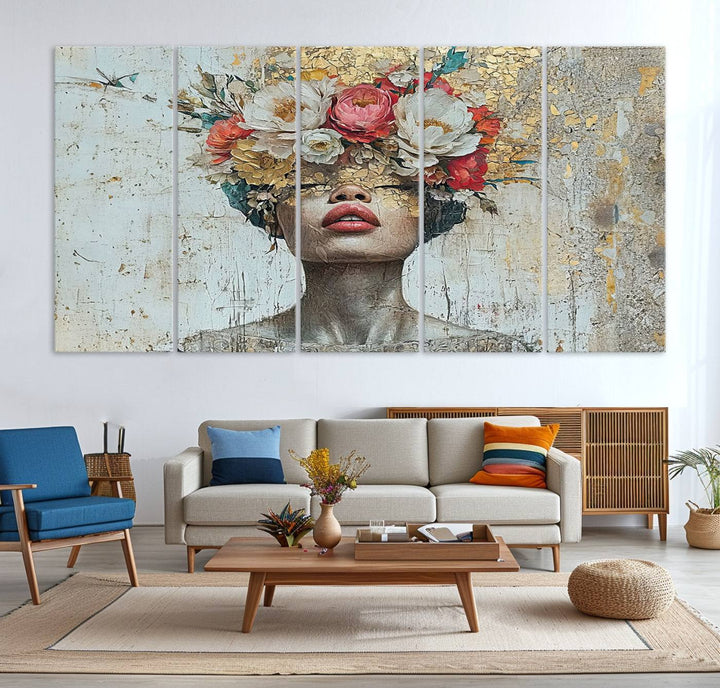 Golden Petal Silhouette Woman Wall Art Canvas Print Flower Head Woman Painting Floral Woman Portrait Wall Decor, Abstract Portrait Painting