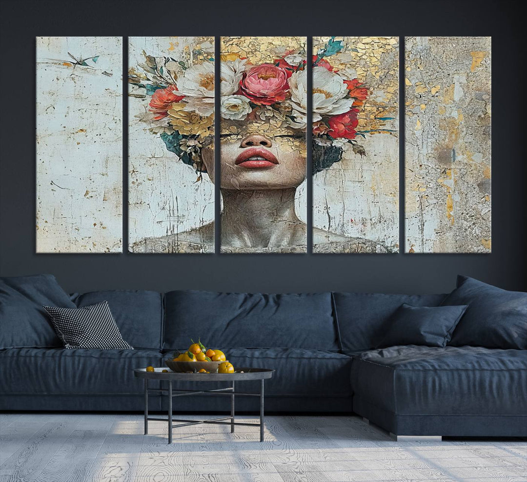 Golden Petal Silhouette Woman Wall Art Canvas Print Flower Head Woman Painting Floral Woman Portrait Wall Decor, Abstract Portrait Painting