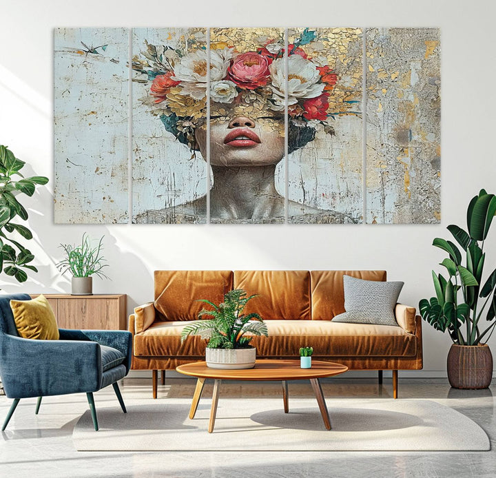 Golden Petal Silhouette Woman Wall Art Canvas Print Flower Head Woman Painting Floral Woman Portrait Wall Decor, Abstract Portrait Painting