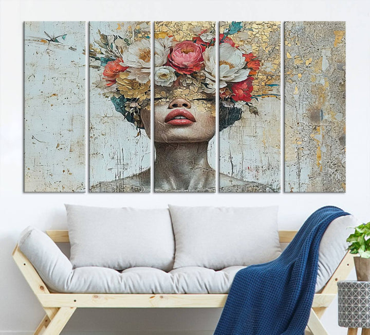 Golden Petal Silhouette Woman Wall Art Canvas Print Flower Head Woman Painting Floral Woman Portrait Wall Decor, Abstract Portrait Painting