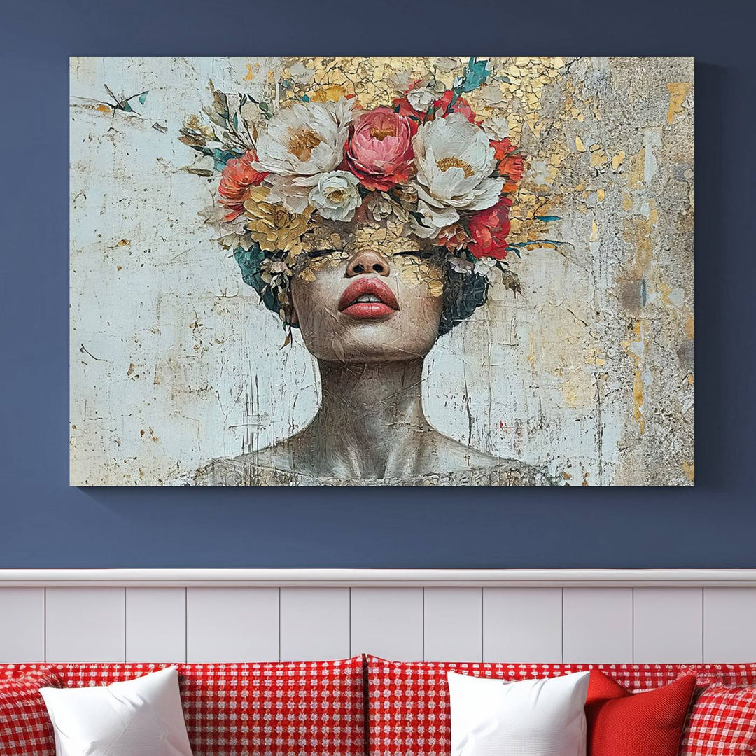 Golden Petal Silhouette Woman Wall Art Canvas Print Flower Head Woman Painting Floral Woman Portrait Wall Decor, Abstract Portrait Painting