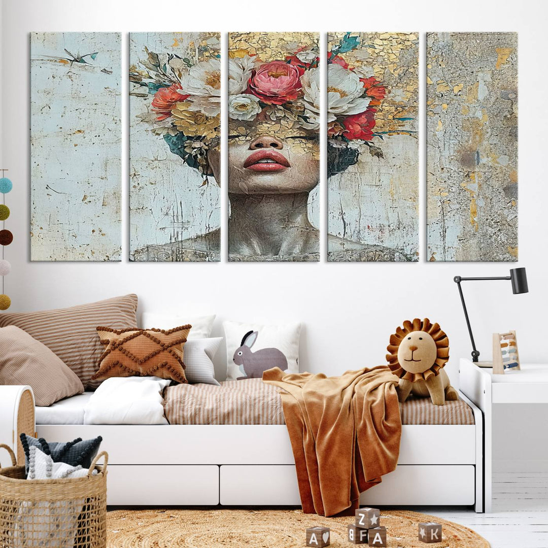 Golden Petal Silhouette Woman Wall Art Canvas Print Flower Head Woman Painting Floral Woman Portrait Wall Decor, Abstract Portrait Painting