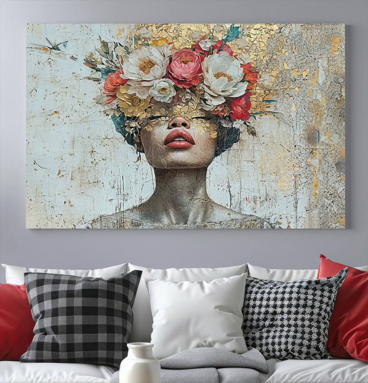 Golden Petal Silhouette Woman Wall Art Canvas Print Flower Head Woman Painting Floral Woman Portrait Wall Decor, Abstract Portrait Painting