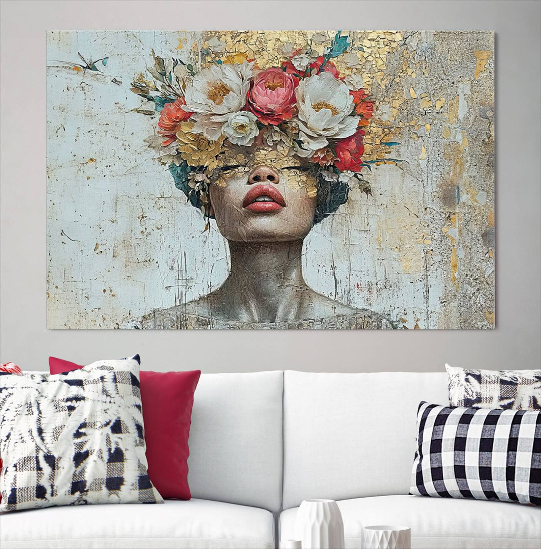 Golden Petal Silhouette Woman Wall Art Canvas Print Flower Head Woman Painting Floral Woman Portrait Wall Decor, Abstract Portrait Painting