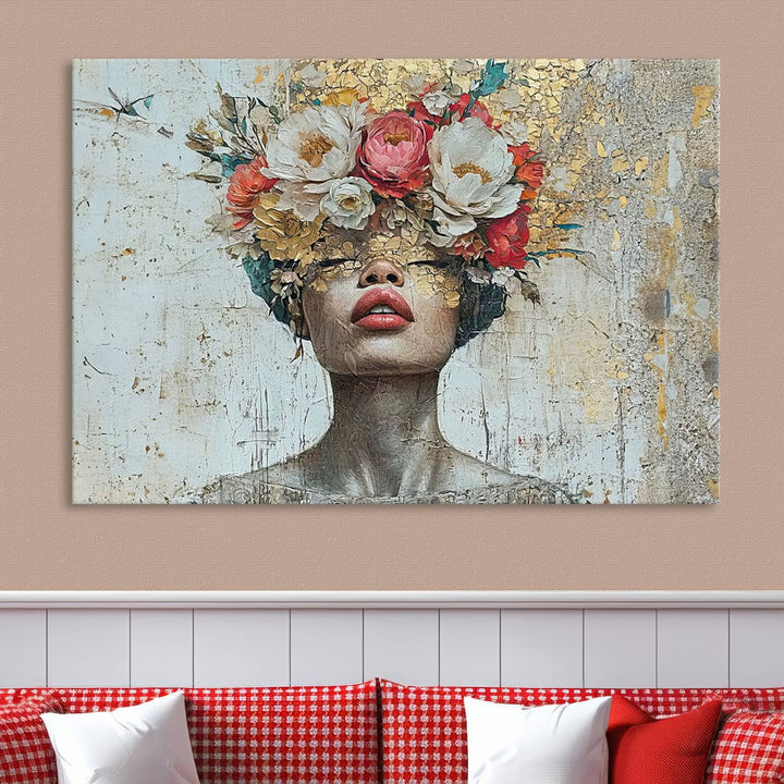 Golden Petal Silhouette Woman Wall Art Canvas Print Flower Head Woman Painting Floral Woman Portrait Wall Decor, Abstract Portrait Painting