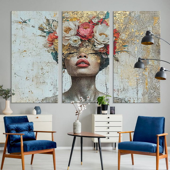 Golden Petal Silhouette Woman Wall Art Canvas Print Flower Head Woman Painting Floral Woman Portrait Wall Decor, Abstract Portrait Painting