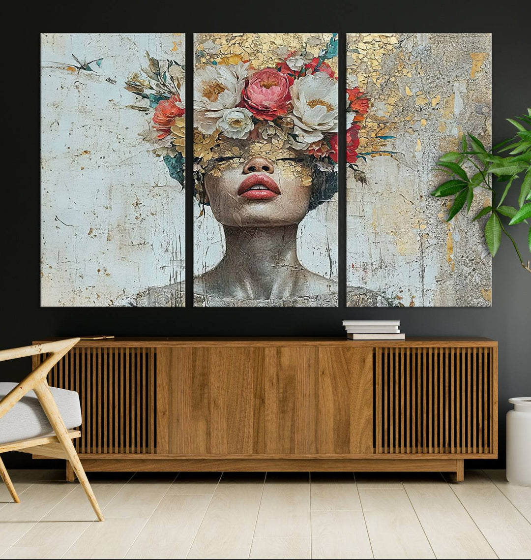 Golden Petal Silhouette Woman Wall Art Canvas Print Flower Head Woman Painting Floral Woman Portrait Wall Decor, Abstract Portrait Painting