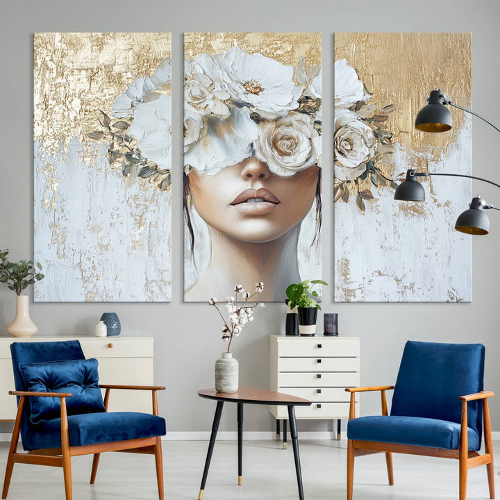 Golden Petal Silhouette Woman Wall Art Canvas Print Flower Head Woman Painting Floral Woman Portrait Wall Decor, Abstract Women Portrait Print