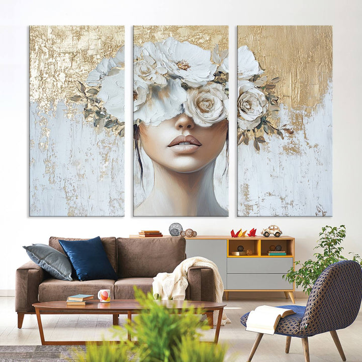 Golden Petal Silhouette Woman Wall Art Canvas Print Flower Head Woman Painting Floral Woman Portrait Wall Decor, Abstract Women Portrait Print