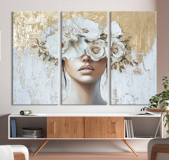 Golden Petal Silhouette Woman Wall Art Canvas Print Flower Head Woman Painting Floral Woman Portrait Wall Decor, Abstract Women Portrait Print